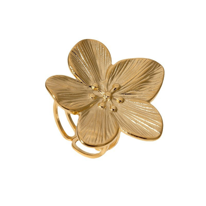 Elegante anello aperto a motivo floreale in acciaio inossidabile placcato oro da donna