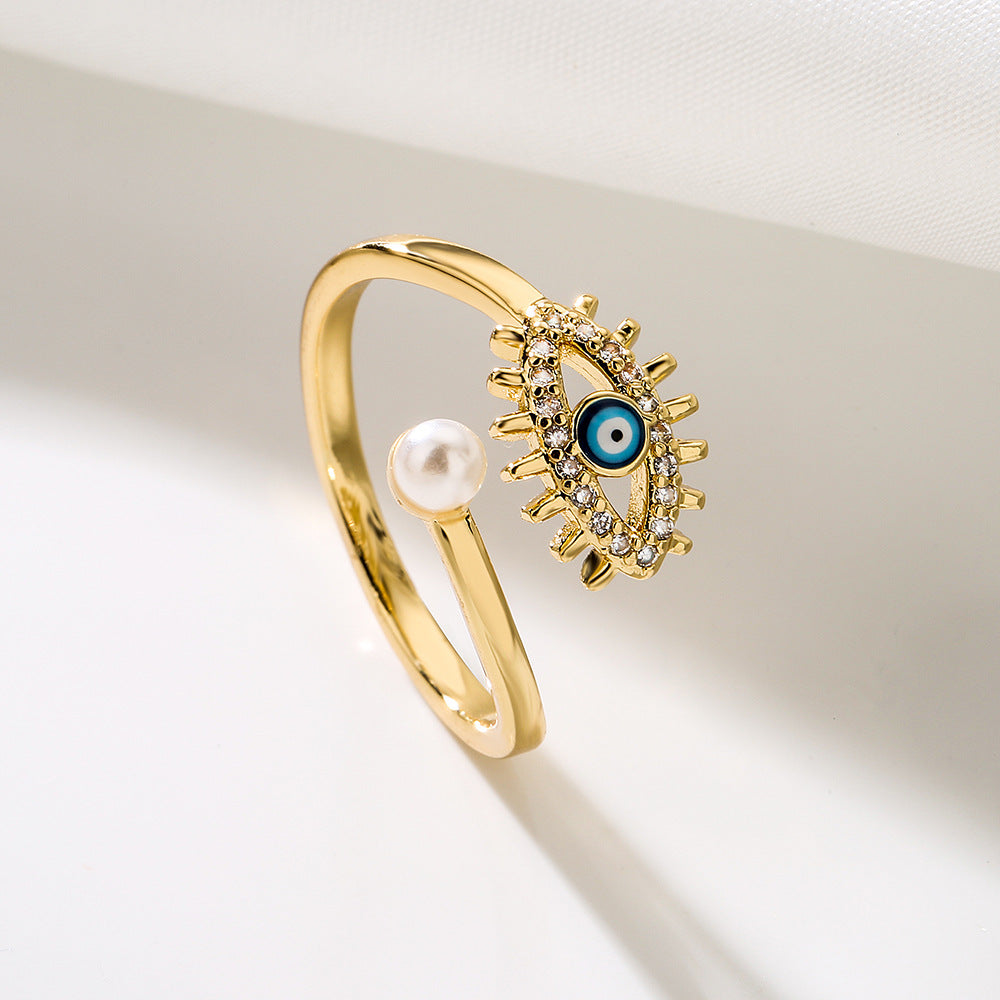 Minimalist Evil Eye Ring for Women Made of Copper with Micro-Pave Zirconia and Enamel Finish