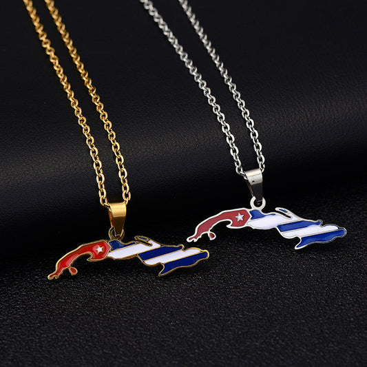 Vintage Cuban Style Enamel Pendant Necklace for Women in Stainless Steel with Geometric Shape and O-Chain
