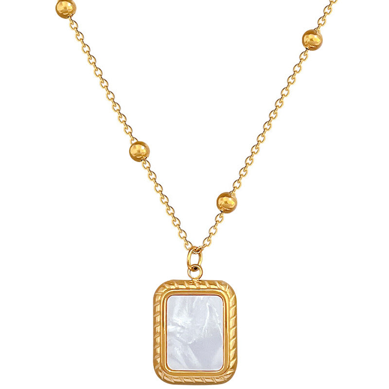 Minimalist Geometric Square Abalone Pendant Necklace for Women in Titanium Steel with Gold Plating