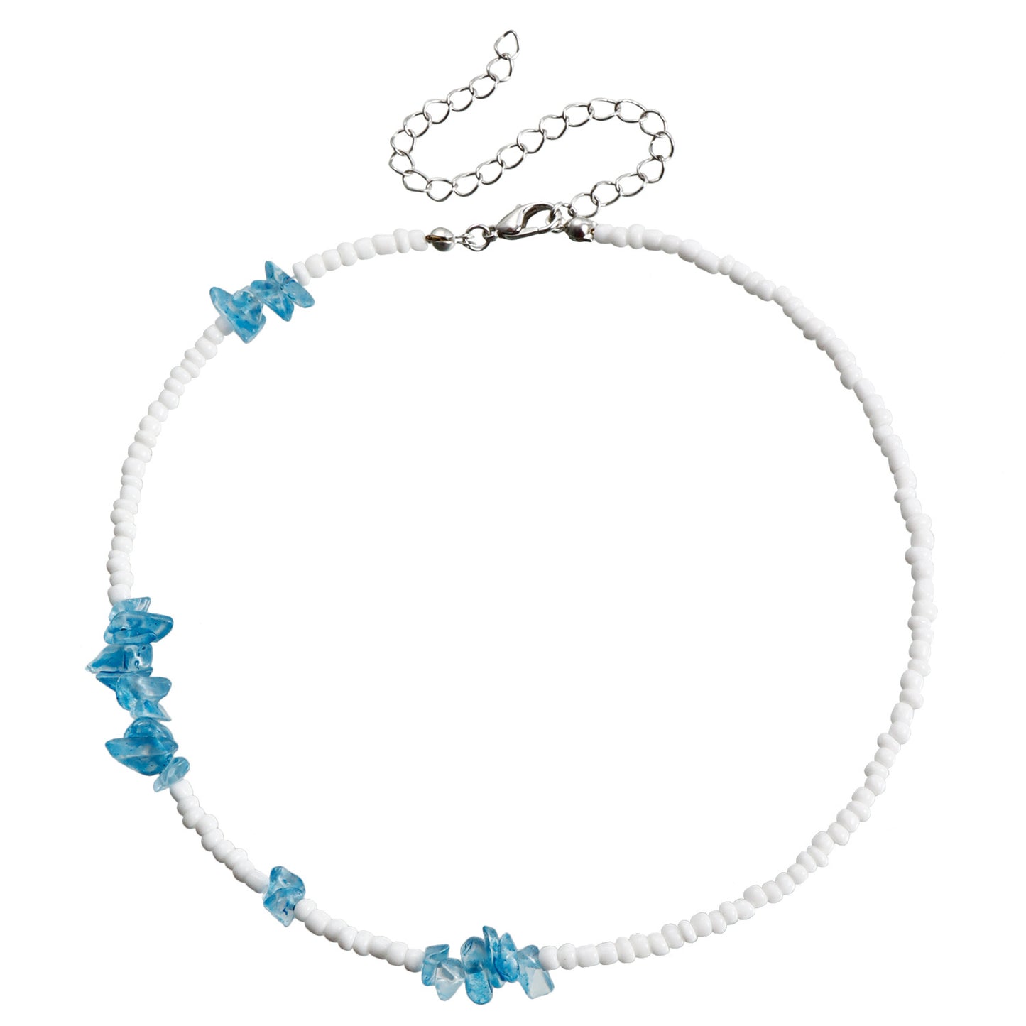 Bohemian Geometric Beaded Necklace for Women with White Beads and Blue Crystal-Like Accents on Clavicle Chain