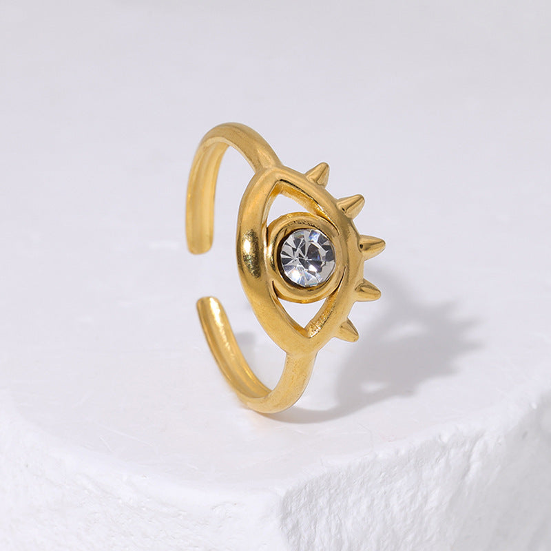 Anello da donna in acciaio inossidabile, minimalista e alla moda, aperto, con occhio accentato da strass