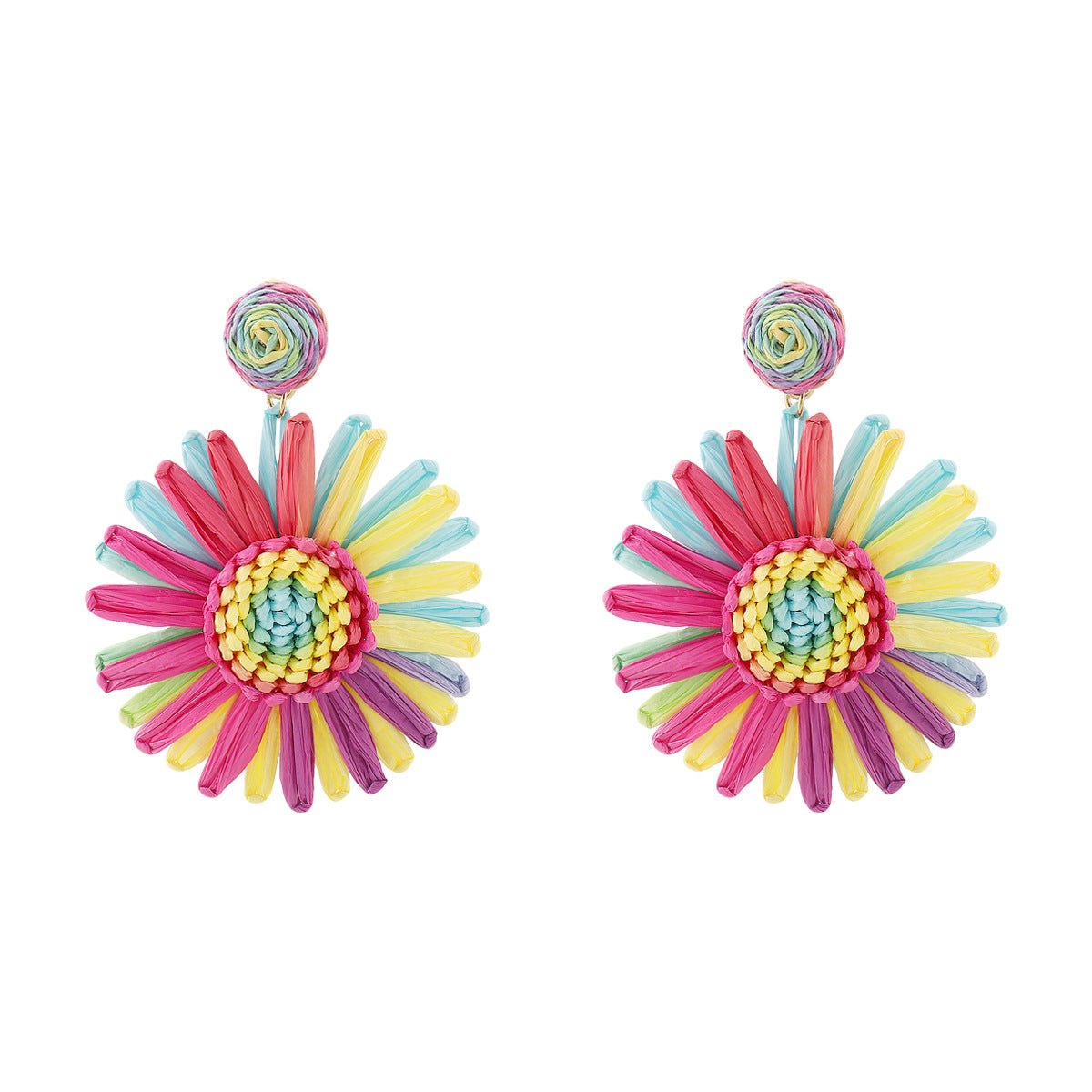 Orecchini Bohémien Girasole da Donna con Base in Lega e Dettagli in Rafia, Design Floreale Artigianale, Stile Fresco e Dolce