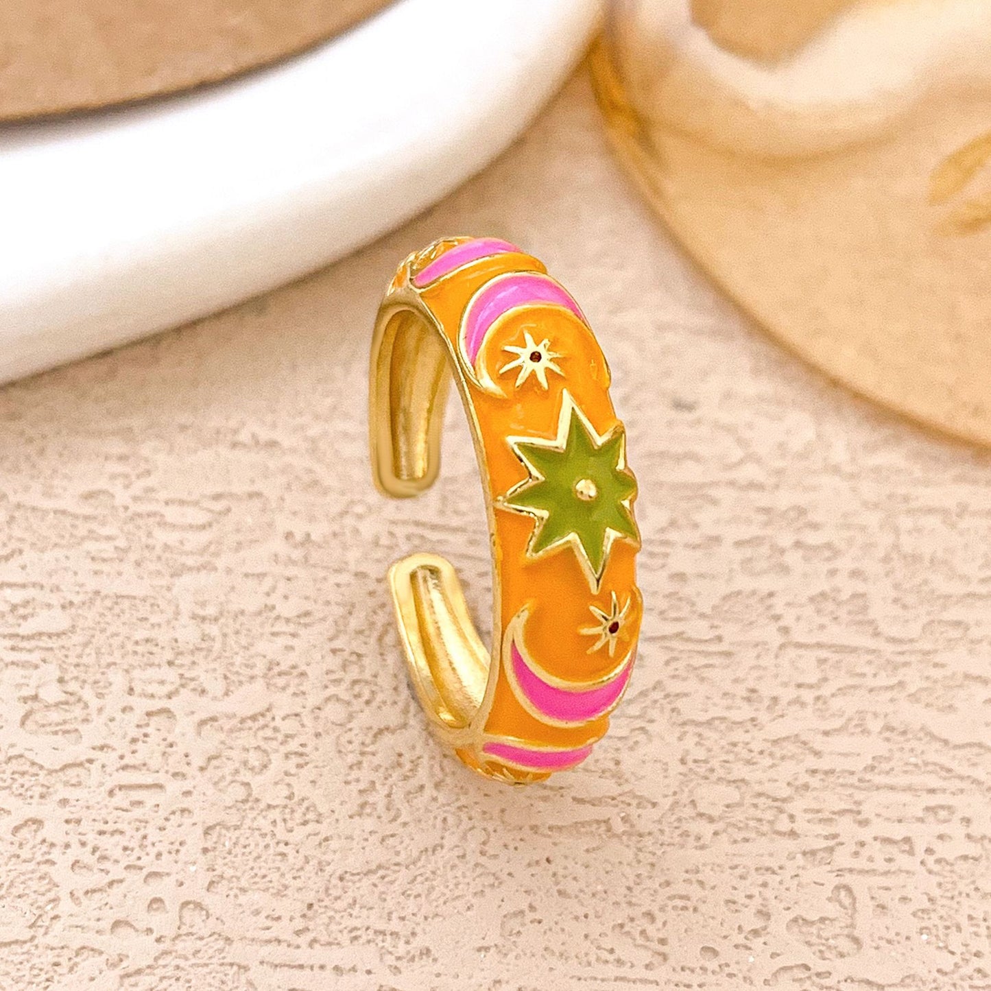 Sweet Alloy Gold Plated Drip Oil Round Oval Ring with Polka Dot Evil Eye Design for Women