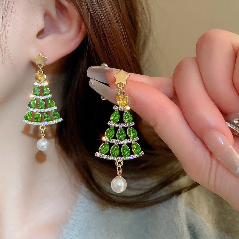 Vintage Green Rhinestone Butterfly Pearl Earrings with Stainless Steel Posts for Women