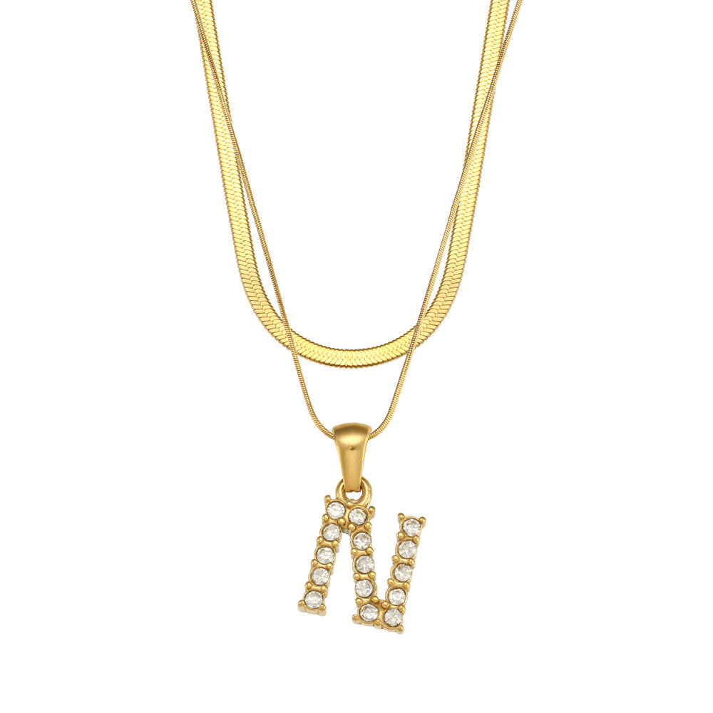 Fashionable Minimalist Letter Pendant Necklace in Stainless Steel with 18K Gold Plating and Cubic Zirconia on Double Snake Chain for Women