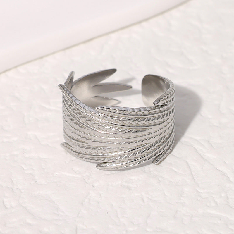 Anello regolabile in acciaio al titanio a forma di piuma per dito indice, anello unisex di moda in stile vintage con finitura placcata