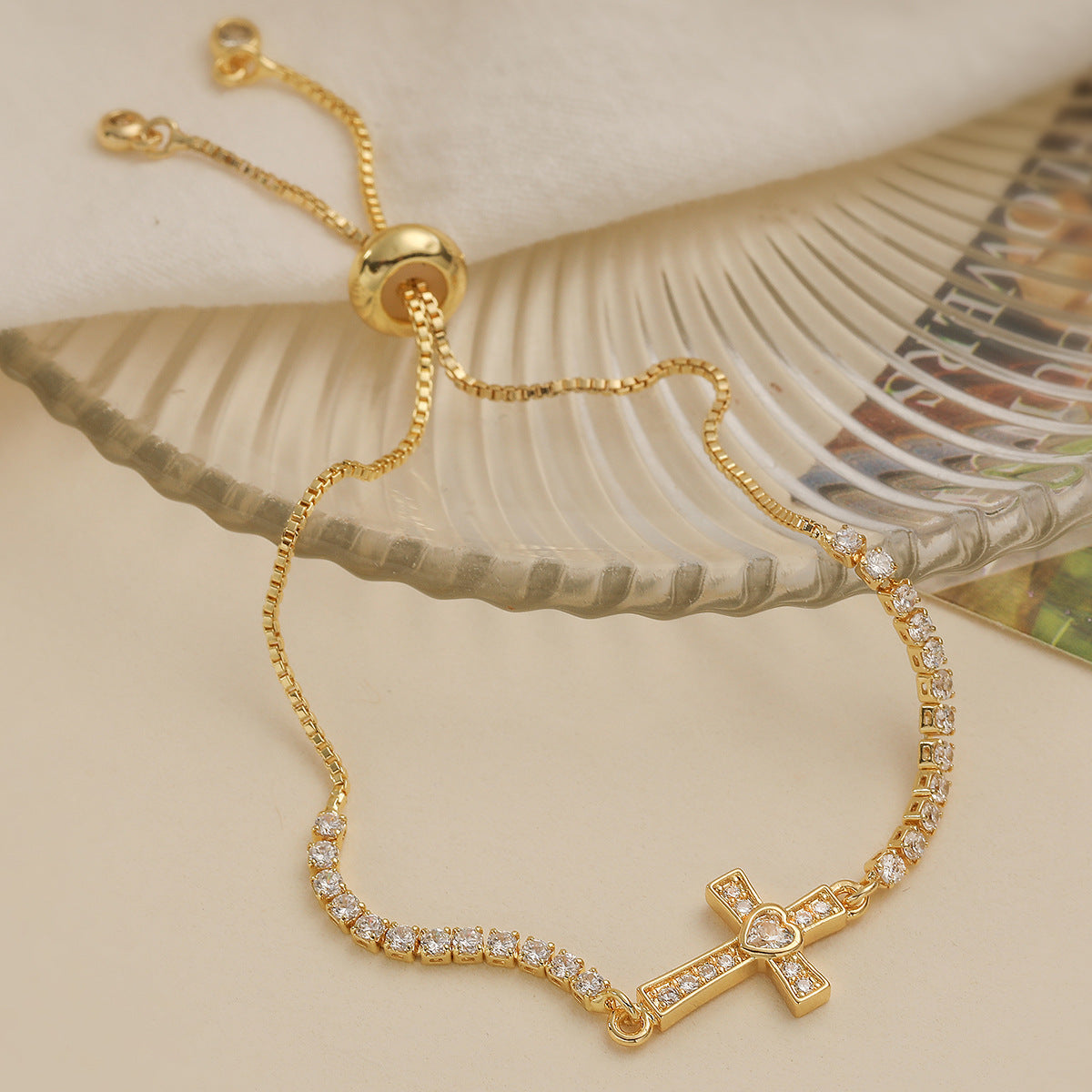 Minimalist Luxury Gold Plated Brass Geometric Cross Bracelet with Cubic Zirconia for Women