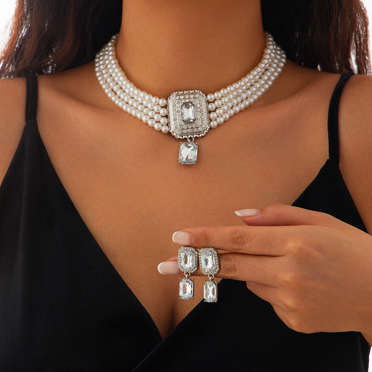 Luxury Multi-Layer Geometric Imitation Pearl Necklace and Earring Set with Triangle and Heart Charms for Women