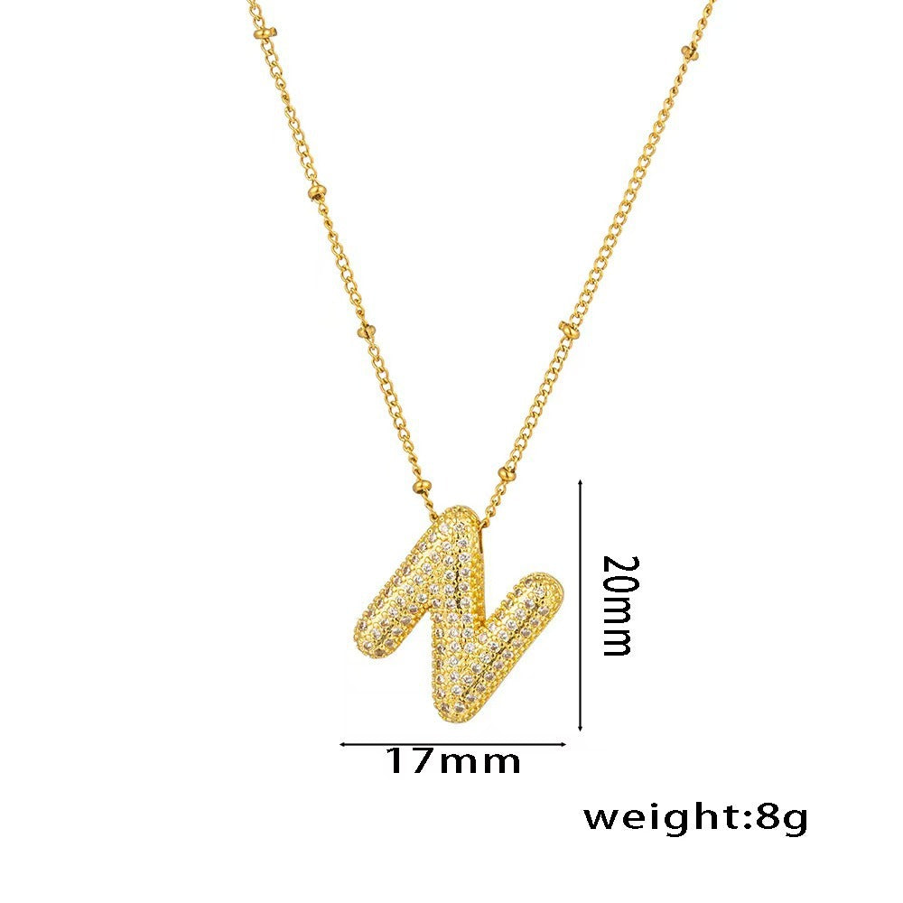 Collana con ciondolo a lettera in zirconi micro-pavé placcato oro 18 carati, catena di perline in acciaio inossidabile/acciaio al titanio, gioielli unisex alla moda per pendolari