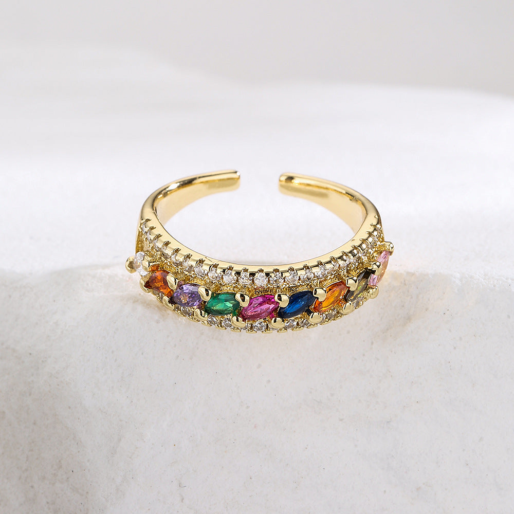 Minimalist Geometric Copper Ring with 18K Gold Plating and Colored Zircon Inlay for Women