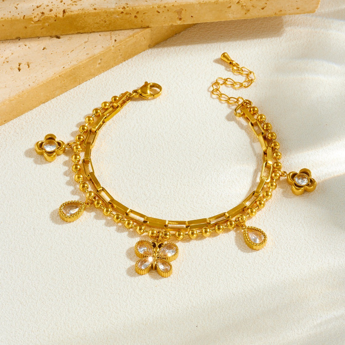Minimalist Gold Plated Stainless Steel Teardrop Butterfly Rhinestone Pendant Double Layer Chain Bracelet for Women