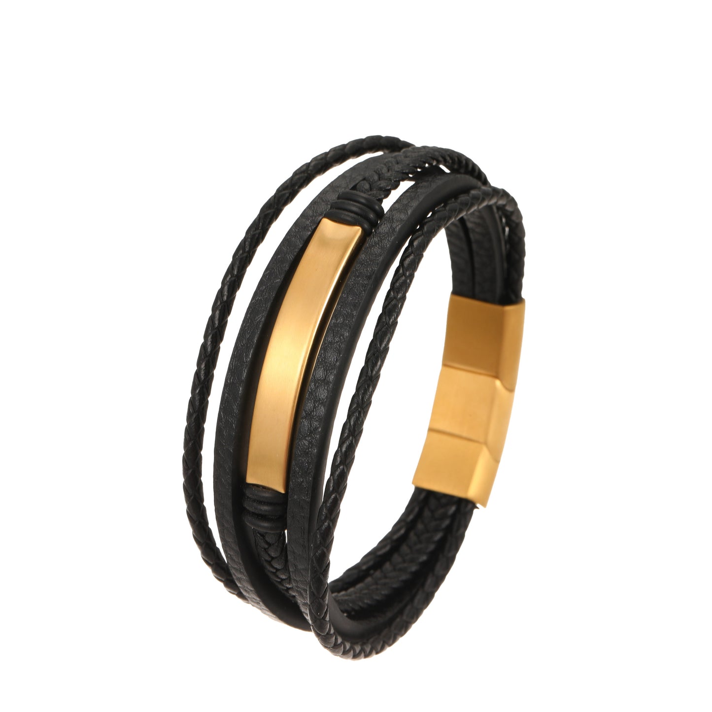 Fashion Business 18K Gold Plated Geometric Stainless Steel Leather Bracelet Charm Bar