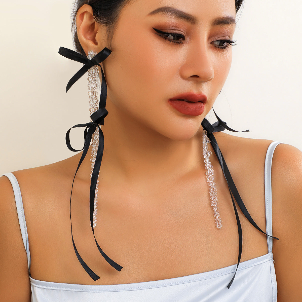 Elegant Fabric Bow Tassel Earrings with Imitation Pearl and Crystal Floral Studs for Women
