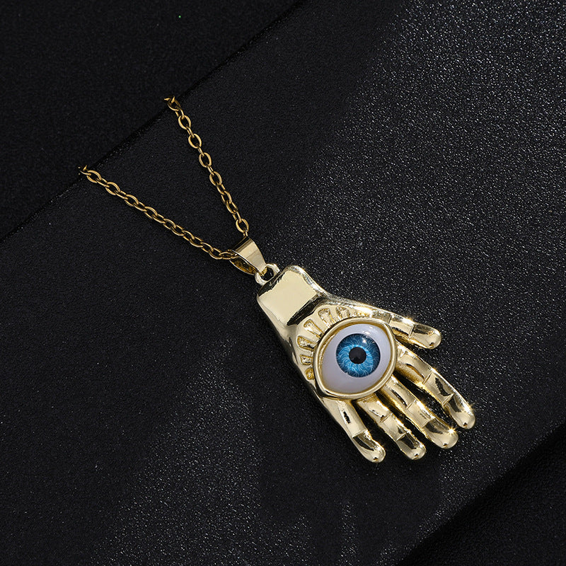 Collar con colgante de ojo turco geométrico vintage para mujer, chapado en cobre con oro real, cadena de serpiente, cadena de suéter ajustable
