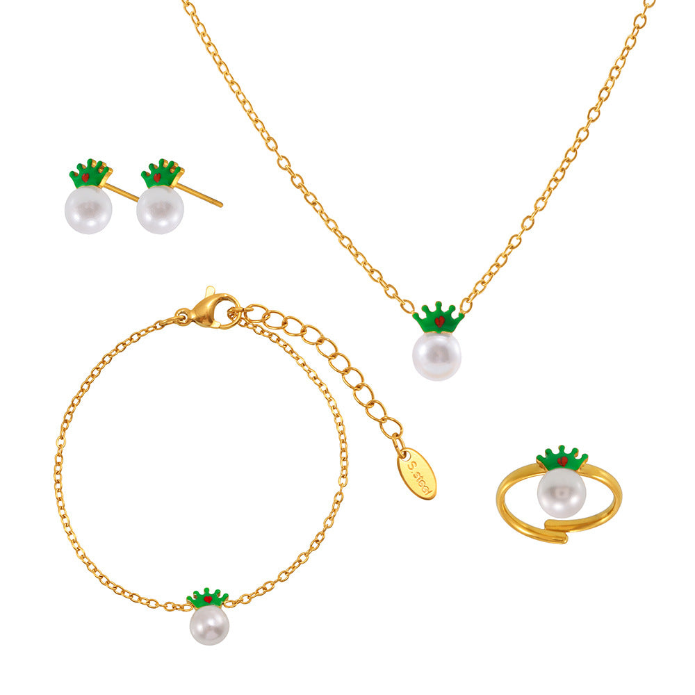 Conjunto de collar de perlas minimalista de moda con forma de corona, cadena de acero inoxidable y colgante de acero de titanio, acabado galvanizado para mujer