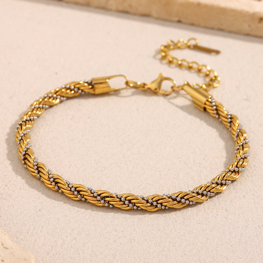 Bracciale Minimalista Geometrico in Acciaio al Titanio con Perle Ritorte Placcate Oro 18K e Catena