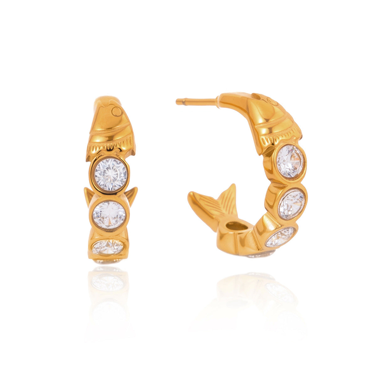 Pendientes elegantes con forma de pez, chapados en acero inoxidable con circonitas cúbicas para mujer