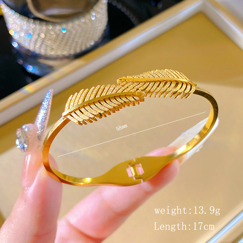 Minimalist Elegant Double Feather Open Cuff Titanium Steel Plated Bracelet
