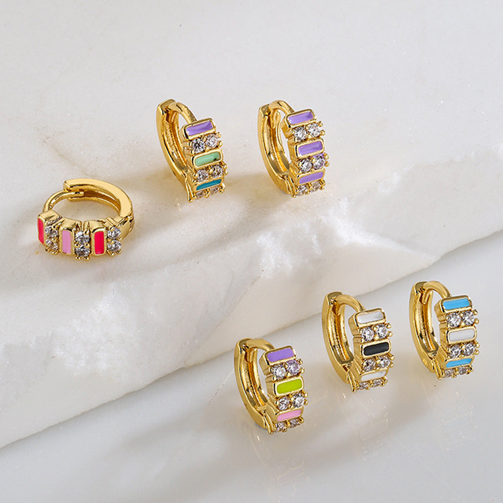Bohemian Style Geometric Shaped Enamel Zirconia Earrings for Women with Copper Base and Gold Plating
