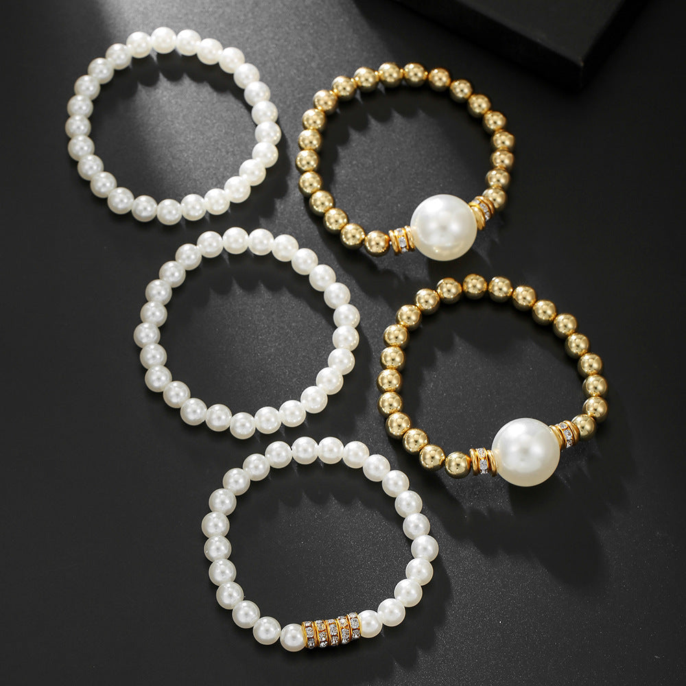 Hip-hop Geometric Round Pearl Rhinestone Bracelet for Women