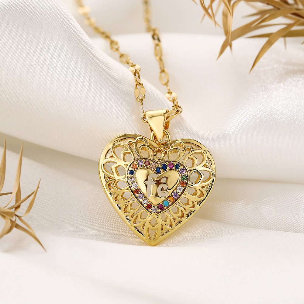 Minimalist Hollow Heart Pendant Necklace for Women in Copper with 18K Gold Plating and Zircon Inlay