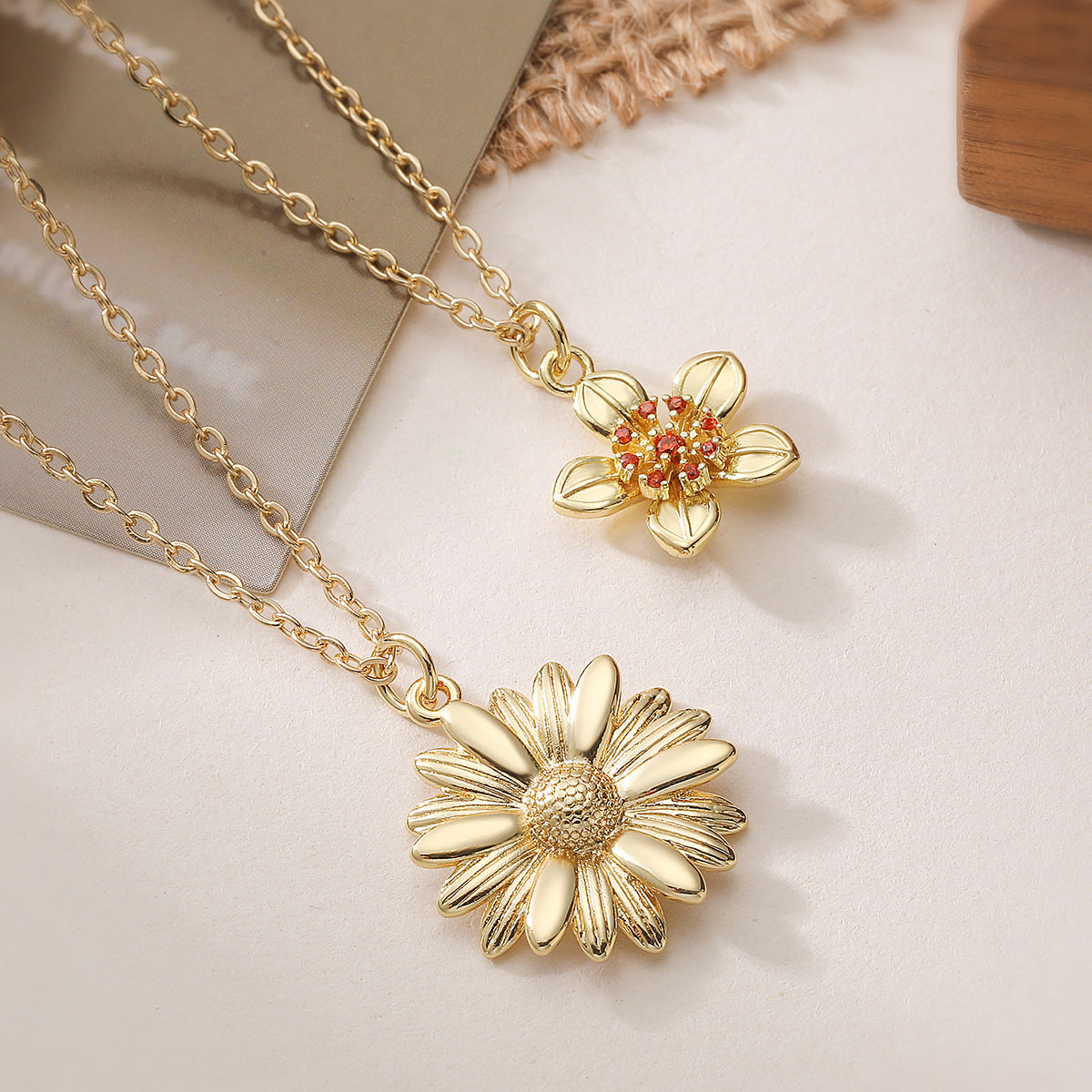 Minimalist Gold Plated Brass Geometric Sunflower Pendant Necklace with Cubic Zirconia