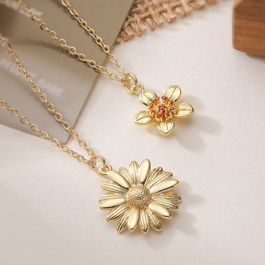 Minimalist Gold Plated Brass Geometric Sunflower Pendant Necklace with Cubic Zirconia
