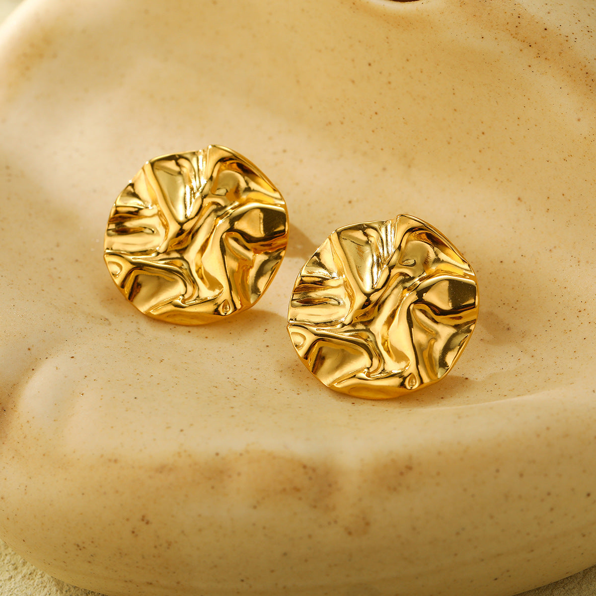 Vintage Geometric Stainless Steel Earrings with 18K Gold Plating Round Folded Design Fashion Ear Studs for Women