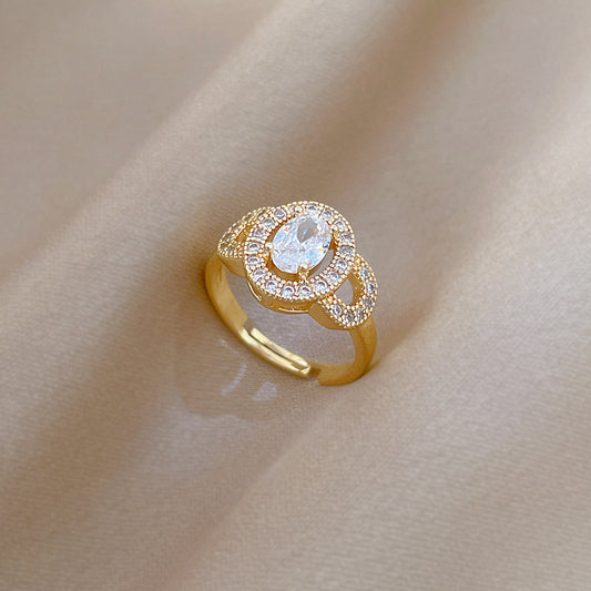 Minimalist Sweet Gold Plated Oval Rhinestone Adjustable Ring for Women