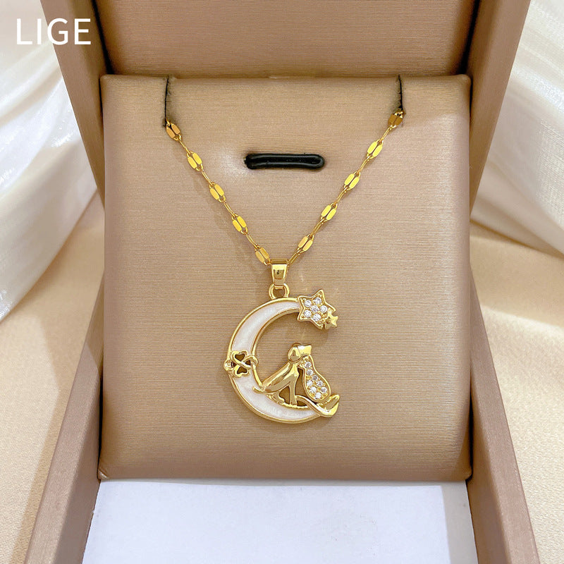 Minimalist Moon-Shaped Titanium Steel Necklace with Zircon Inlay for Women and Men, Delicate Clavicle Chain