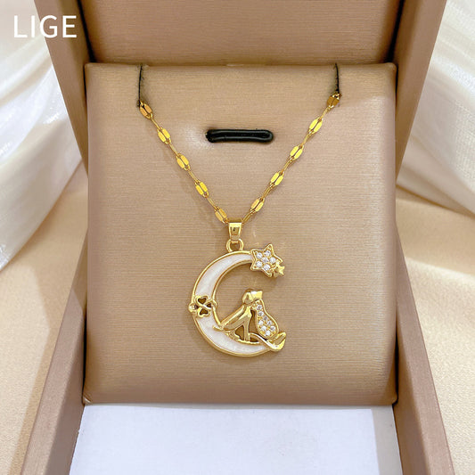 Collar Minimalista de Acero de Titanio con Forma de Luna y Circonitas para Mujer y Hombre, Delicada Cadena de Clavícula