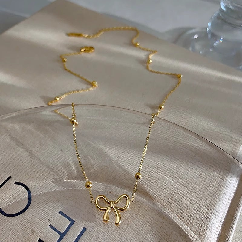 Minimalist Bow Knot Lucky Bead Necklace 18K Gold Plated Titanium Steel O-Chain Unisex