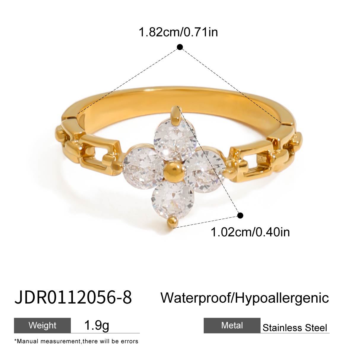 Elegant Geometric Four-Leaf Clover Stainless Steel Ring with Cubic Zirconia Plating for Women