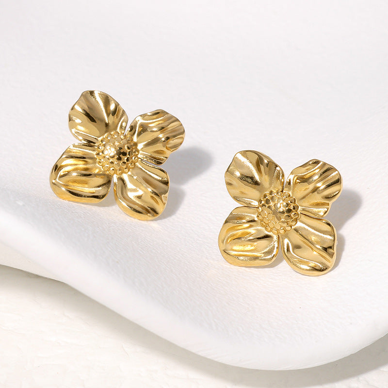 Sweet Floral Stainless Steel Stud Earrings for Women with Plated Finish Minimalist Luxury Ear Jewelry