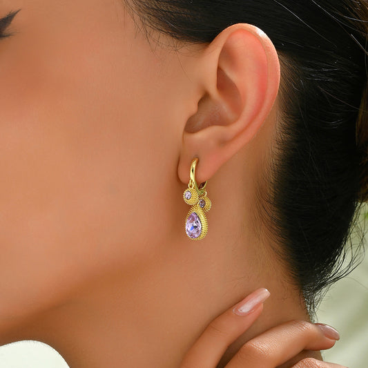 Orecchini a Goccia Geometrici Minimalisti da Donna in Rame con Intarsio in Zircone e Perno in Acciaio Inossidabile