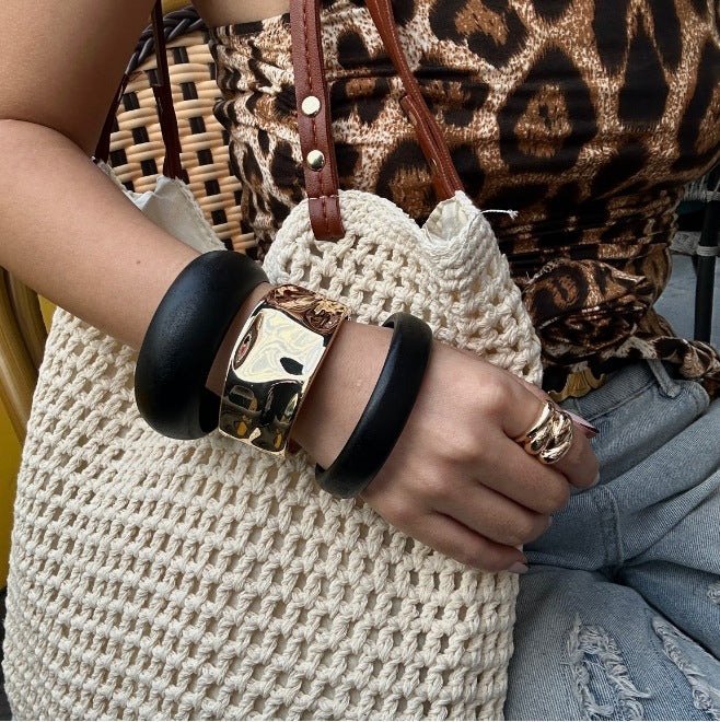 Geometric Liquid Gold Plated Alloy Wide Cuff Bracelet