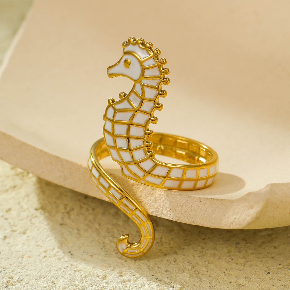 Anillo abierto con caballito de mar geométrico de moda, chapado en oro de 18 quilates, acero inoxidable, aceite goteado, joyería para mujer