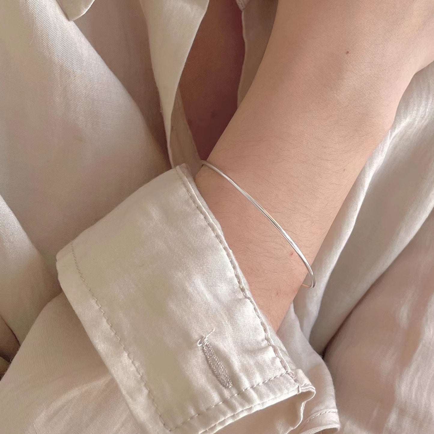 Minimalist Sweet 925 Sterling Silver Geometric Round Double Bead Open Cuff Bracelet