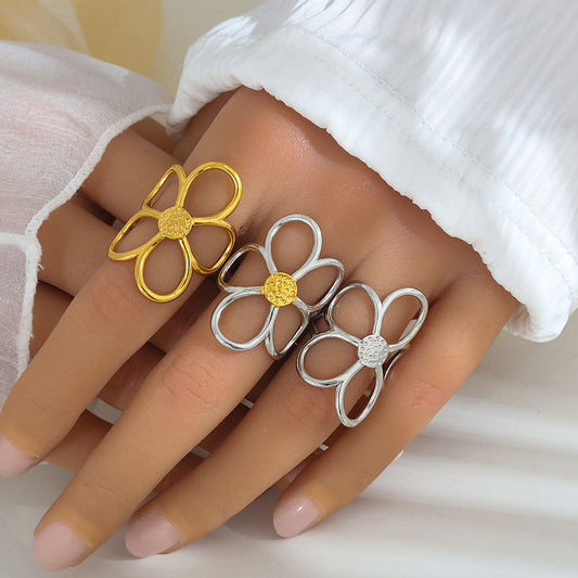 Anillo Abierto Ajustable Floral Minimalista de Acero Inoxidable con Baño de Oro y Plata para Mujer