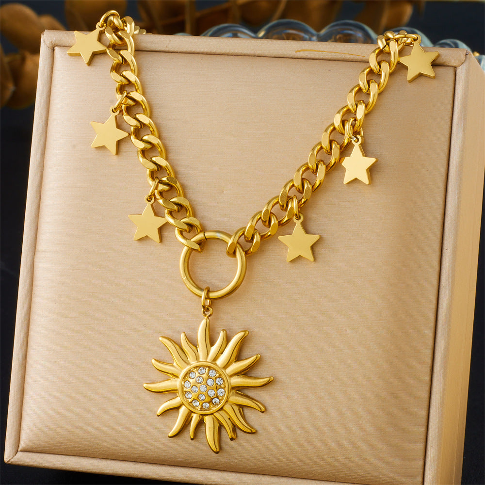 Casual Business Stainless Steel Plated Star Geometric Rhinestone Wing Sun Pendant Necklace for Women