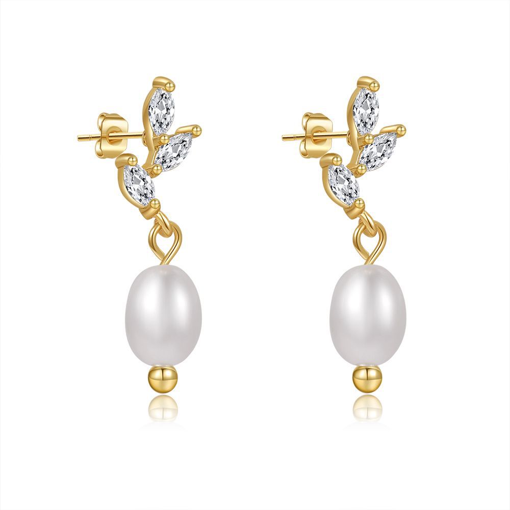 925 Sterling Silver Post Geometric Leaf Round Cubic Zirconia and Pearl Drop Earrings for Women