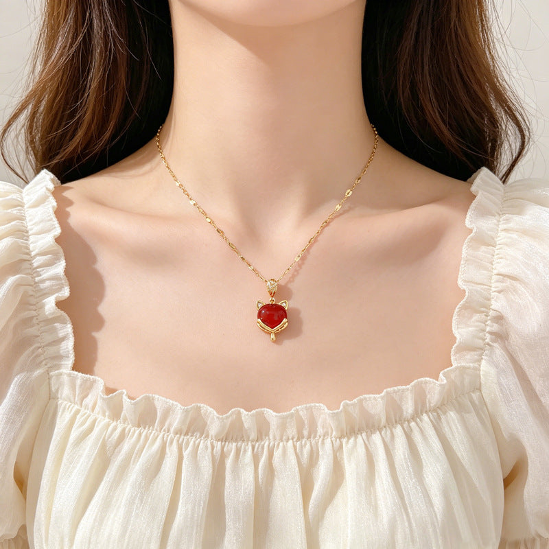 Sweet Red Gemstone Fox Pendant Full Rhinestone Titanium Steel Necklace Cable Chain