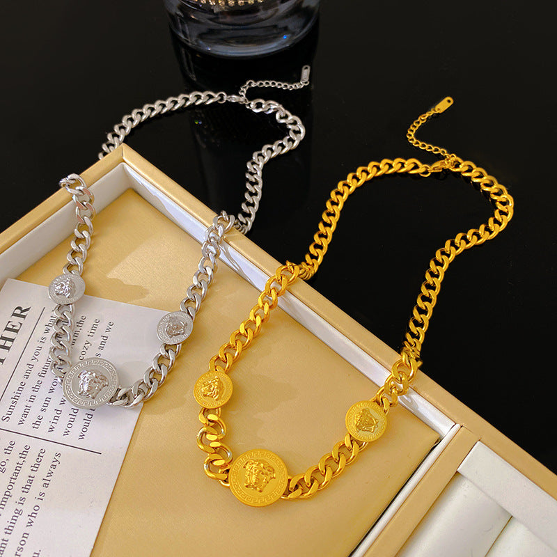 Vintage Streetwear Titanium Steel Plated Geometric Medusa Head Cuban Link Chain Necklace for Unisex