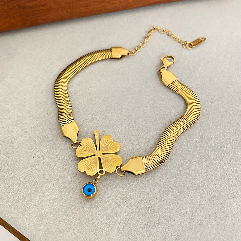 Gold Plated Titanium Steel Evil Eye Clover Bracelet Unisex
