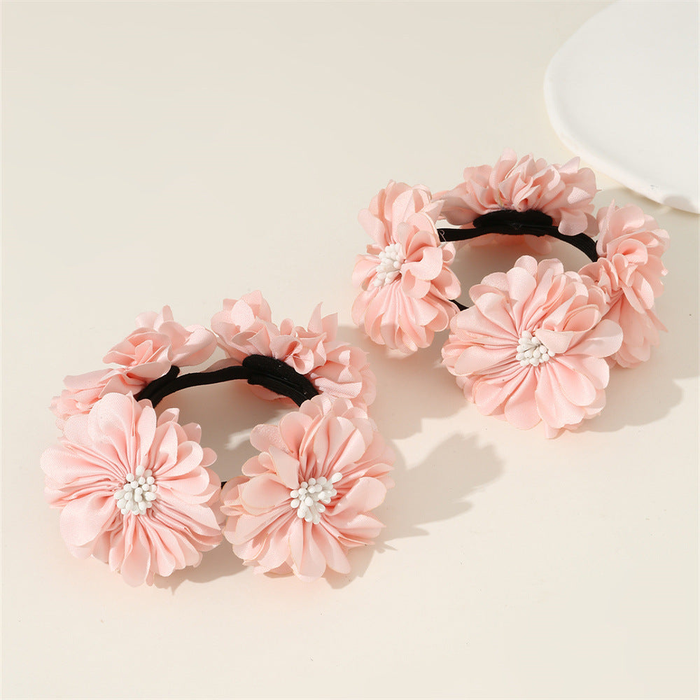 Elegant Floral Hair Ties Set for Kids - Solid Color Fabric Hair Bands with Flower Embellishment in Princess Style