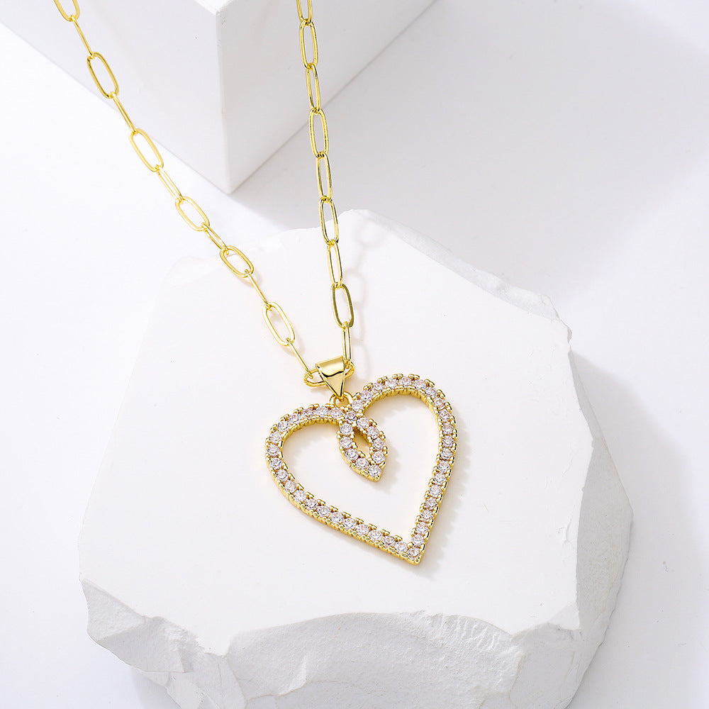 Minimalist Hollow Heart Pendant Necklace in Copper with Real Gold Plating and Zircon Inlay for Women