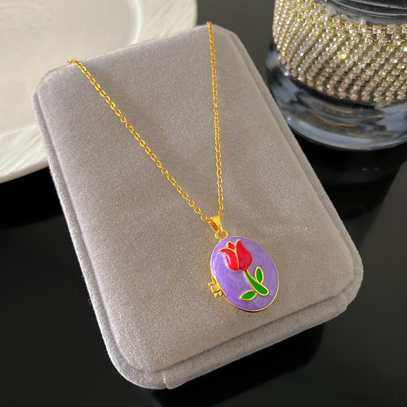 Vintage Drip Oil Floral Heart Oval Pendant Gold Plated Brass Necklace for Women