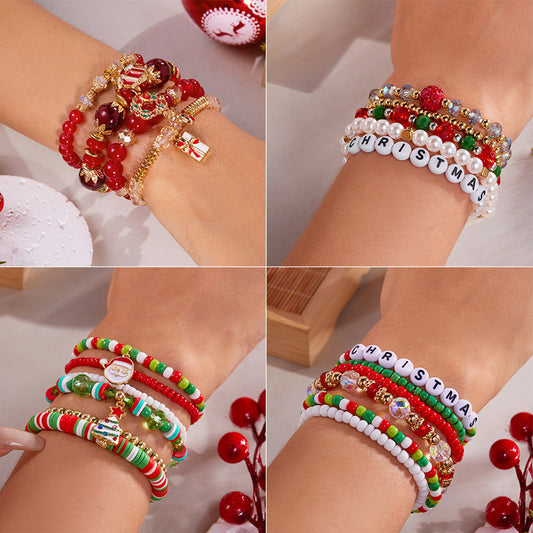 Juego de pulseras de Navidad de arcilla polimérica hechas a mano con dijes de copo de nieve y letras para mujer