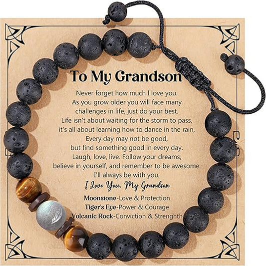 Unisex Handmade Braided Volcanic Stone Bracelet with Tiger Eye and Moonstone Beads Adjustable Geometric Round